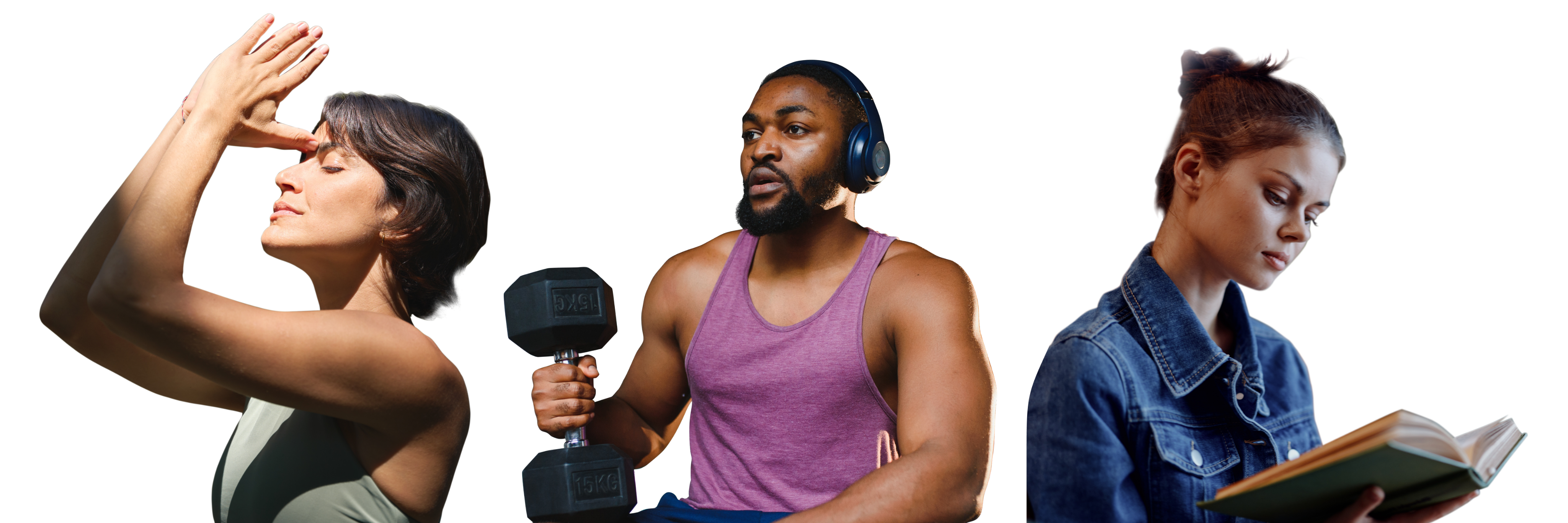 Three adults performing activities, suggesting wellness, focus, and learning